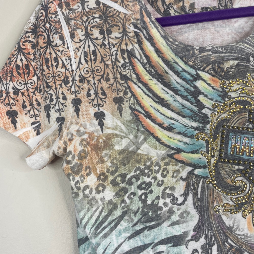 Vintage Harley Davidson Y2K Graphic Top Womens Medium Wings Logo Bedazzled Maui - Picture 8 of 16